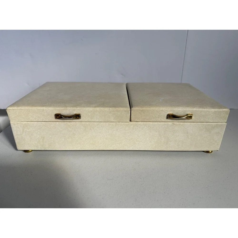 Vintage Lady Buxton Jewelry Box Cream Satin Red Lining Dual/ Hidden Compartment